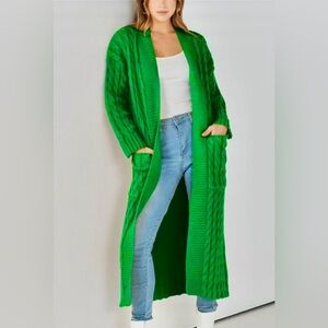 Green Cable Knit Long Cardigan, size Lg